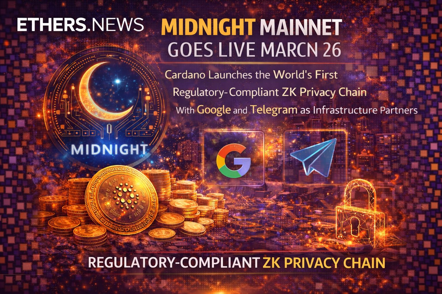 Midnight Mainnet Goes Live March 26: Cardano Launches the World's First Regulatory-Compliant ZK Privacy Chain With Google and Telegram as Infrastructure Partners